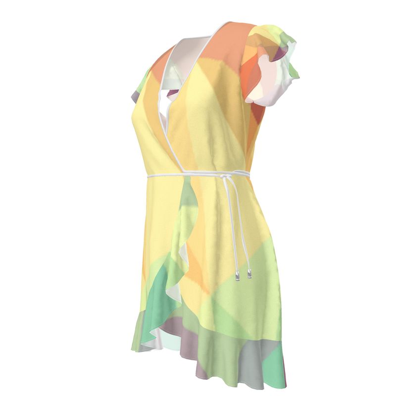 Stained Glass Window - Multi Coloured Flounce Hem & Armholes, Waist Tie, Wrap Design, Fashion Crepe Or Smooth Crepe Tea Dress