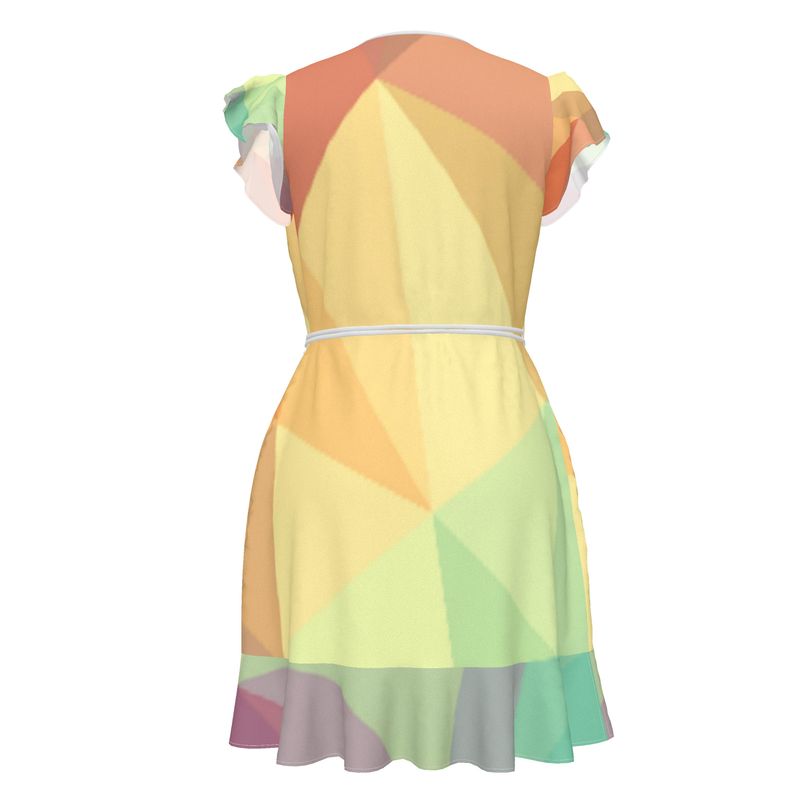 Stained Glass Window - Multi Coloured Flounce Hem & Armholes, Waist Tie, Wrap Design, Fashion Crepe Or Smooth Crepe Tea Dress