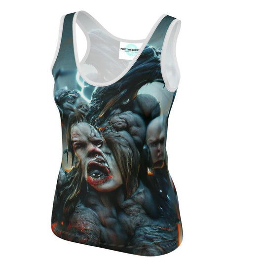 Wrath 10 - Dark Blue, Grey & Red Scoop Neck, Higher At The Back Ladies Vest Top