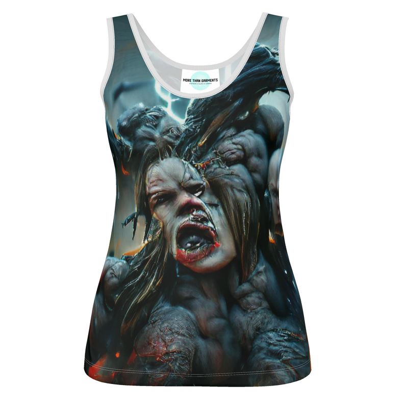 Wrath 10 - Dark Blue, Grey & Red Scoop Neck, Higher At The Back Ladies Vest Top