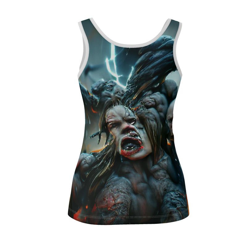 Wrath 10 - Dark Blue, Grey & Red Scoop Neck, Higher At The Back Ladies Vest Top