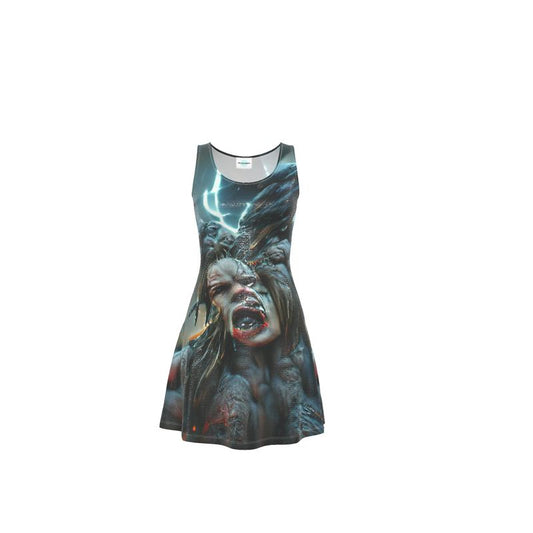 Wrath 10 - Dark Blue, Grey & Red Crush Velour - Stretchy & Shimmery Chain Jersey - Lightweight & Breathable A-Line Skater Dress