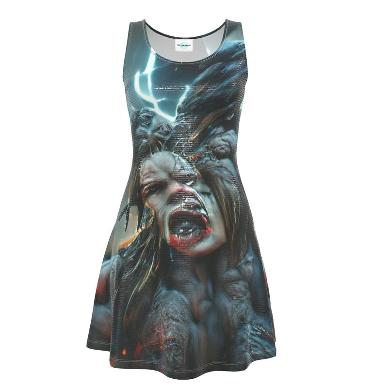 Wrath 10 - Dark Blue, Grey & Red Crush Velour - Stretchy & Shimmery Chain Jersey - Lightweight & Breathable A-Line Skater Dress