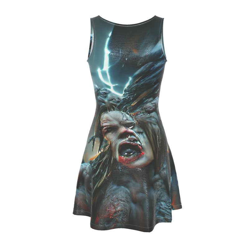 Wrath 10 - Dark Blue, Grey & Red Crush Velour - Stretchy & Shimmery Chain Jersey - Lightweight & Breathable A-Line Skater Dress