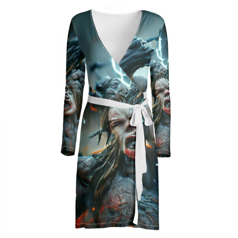 Wrath 10 - Dark Blue, Grey & Red Above Knee Wraparound Dress, V-Neck Long Sleeves, Wrap Dress