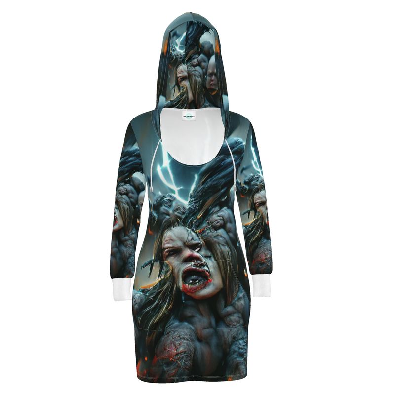 Wrath 10 - Dark Blue, Grey & Red Kangaroo Front Pocket, Mini Dress With Long Sleeves, Hooded Dress With Drawstring, Rox Sports Or Ponte Jersey Hoodie Dress