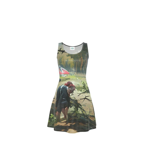 Stuck 11 - Beige & Green Crush Velour - Stretchy & Shimmery Chain Jersey - Lightweight & Breathable A-Line Skater Dress