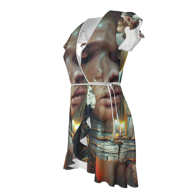 Worthy 11 - Brown, Beige & Light Blue Flounce Hem & Armholes, Waist Tie, Wrap Design, Fashion Crepe Or Smooth Crepe Tea Dress