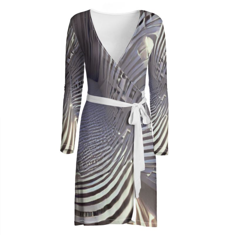 A Heavenly Cloud 2 - Black, Grey & White Above Knee Wraparound Dress, V-Neck Long Sleeves, Wrap Dress