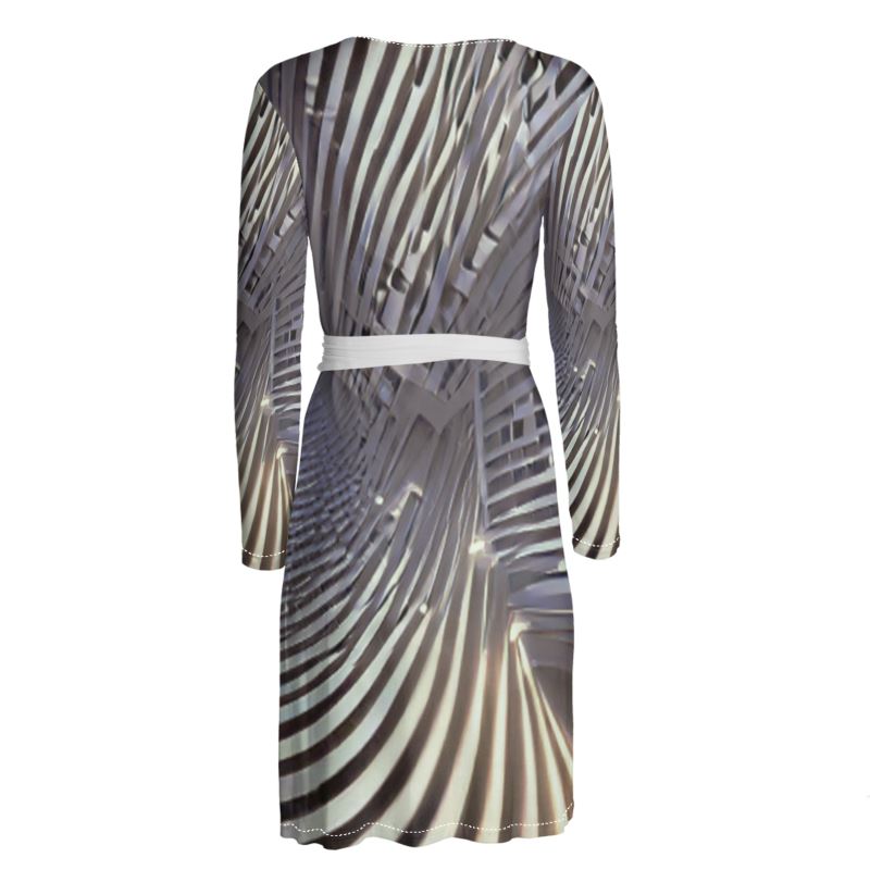 A Heavenly Cloud 2 - Black, Grey & White Above Knee Wraparound Dress, V-Neck Long Sleeves, Wrap Dress