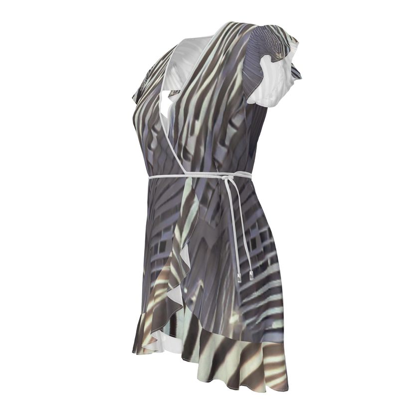 A Heavenly Cloud 2 - Black, Grey & White Flounce Hem & Armholes, Waist Tie, Wrap Design, Fashion Crepe Or Smooth Crepe Tea Dress