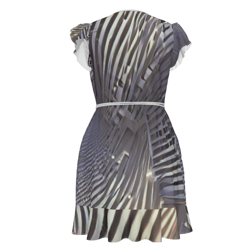 A Heavenly Cloud 2 - Black, Grey & White Flounce Hem & Armholes, Waist Tie, Wrap Design, Fashion Crepe Or Smooth Crepe Tea Dress