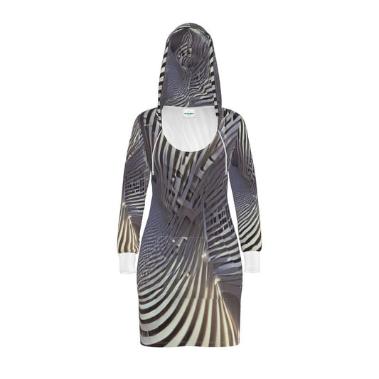 A Heavenly Cloud 2 - Black, Grey & White Kangaroo Front Pocket, Mini Dress With Long Sleeves, Hooded Dress With Drawstring, Rox Sports Or Ponte Jersey Hoodie Dress