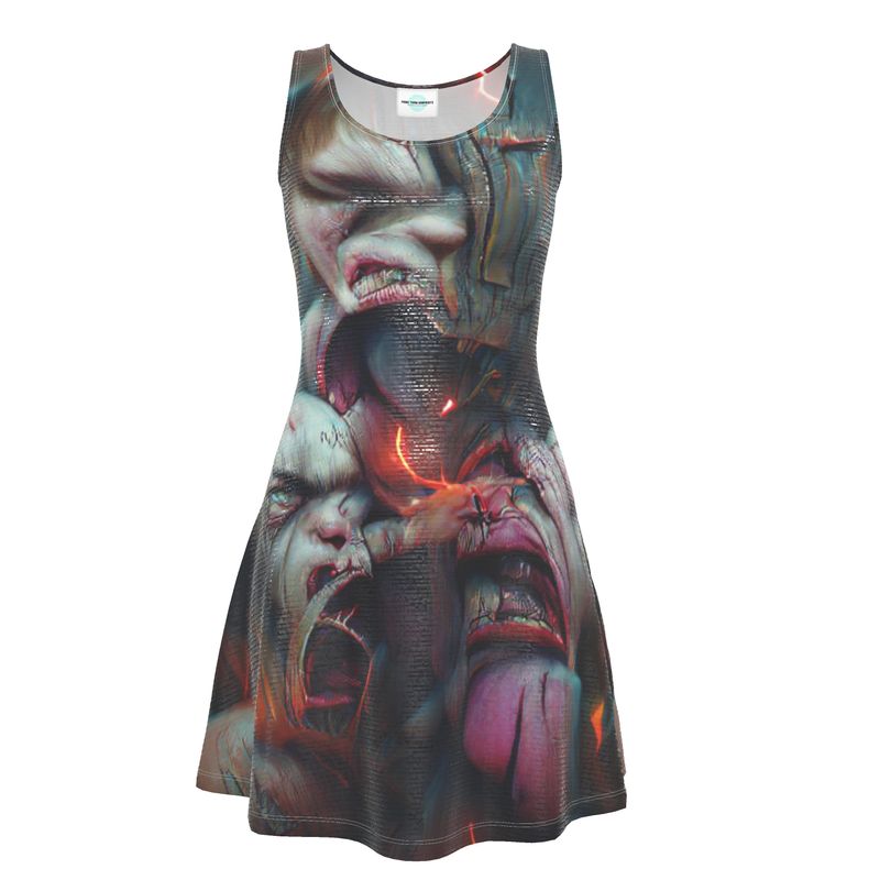 Torment 10 - Red, Grey & Pink Crush Velour - Stretchy & Shimmery Chain Jersey - Lightweight & Breathable A-Line Skater Dress