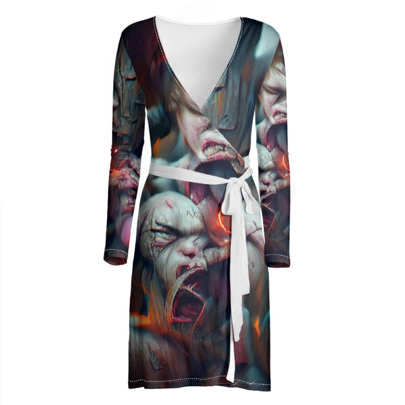 Torment 10 - Red, Grey & Pink Above Knee Wraparound Dress, V-Neck Long Sleeves, Wrap Dress