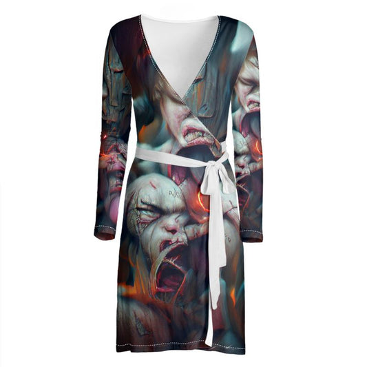 Torment 10 - Red, Grey & Pink Above Knee Wraparound Dress, V-Neck Long Sleeves, Wrap Dress