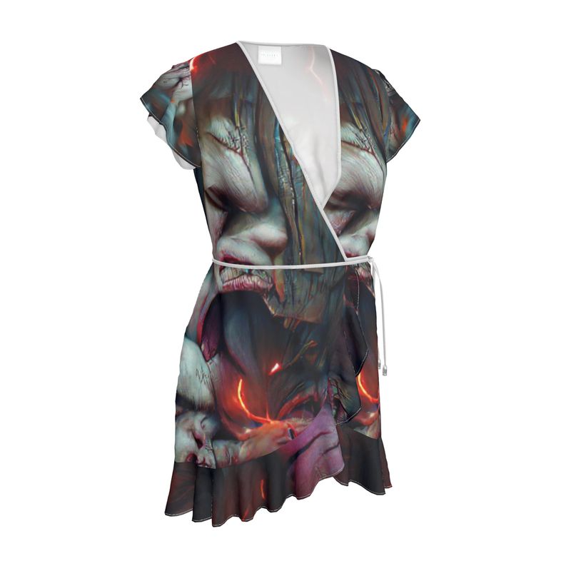 Torment 10 - Red, Grey & Pink Flounce Hem & Armholes, Waist Tie, Wrap Design, Fashion Crepe Or Smooth Crepe Tea Dress