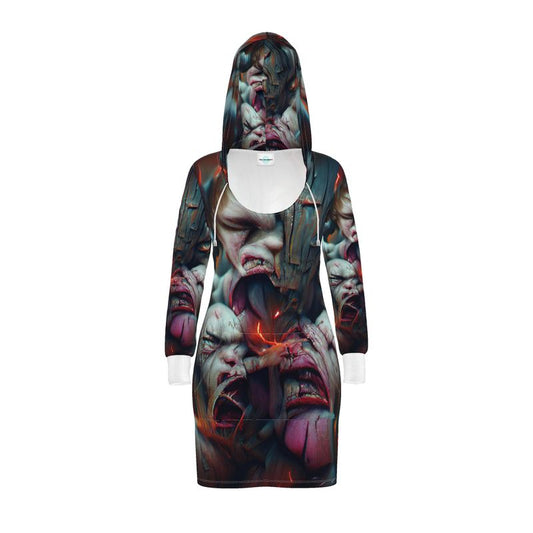 Torment 10 - Red, Grey & Pink Kangaroo Front Pocket, Mini Dress With Long Sleeves, Hooded Dress With Drawstring, Rox Sports Or Ponte Jersey Hoodie Dress