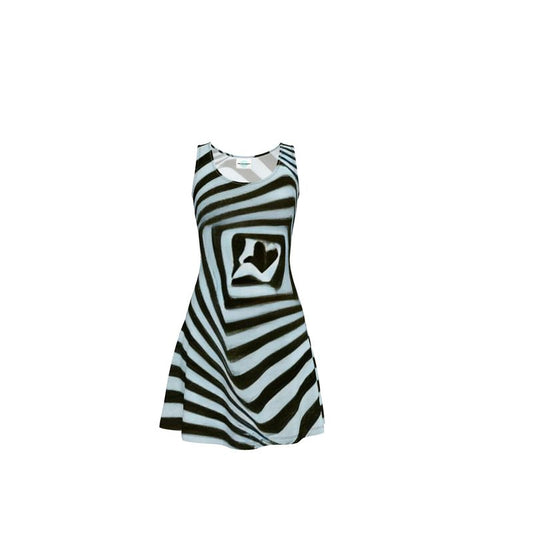 2 Caring - Black & Light Blue Stripes Crush Velour - Stretchy & Shimmery Chain Jersey - Lightweight & Breathable A-Line Skater Dress