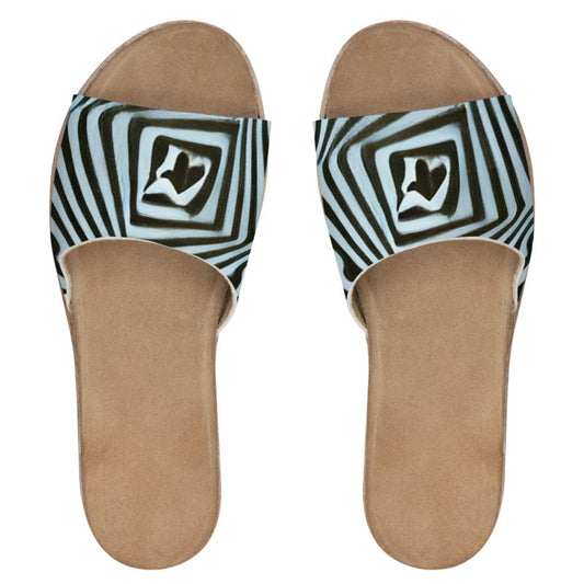 2 Caring - Black & Light Blue Stripes Leather Band, Cork & Rubber Sole, Leather Suedette Insole, Women's Leather Sliders
