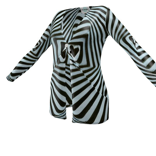 2 Caring - Black & Light Blue Stripes Drop Pockets & Waterfall Front V-Neck, Long Sleeves, Single Button, Jersey Knit Fabric, Ladies Cardigan With Pockets