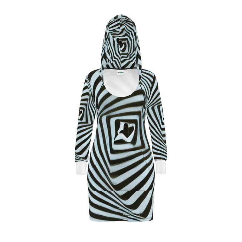 2 Caring - Black & Light Blue Stripes Kangaroo Front Pocket, Mini Dress With Long Sleeves, Hooded Dress With Drawstring, Rox Sports Or Ponte Jersey Hoodie Dress