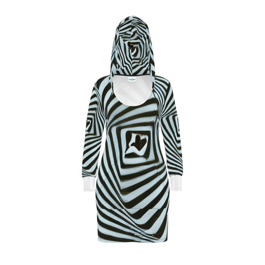 2 Caring - Black & Light Blue Stripes Kangaroo Front Pocket, Mini Dress With Long Sleeves, Hooded Dress With Drawstring, Rox Sports Or Ponte Jersey Hoodie Dress