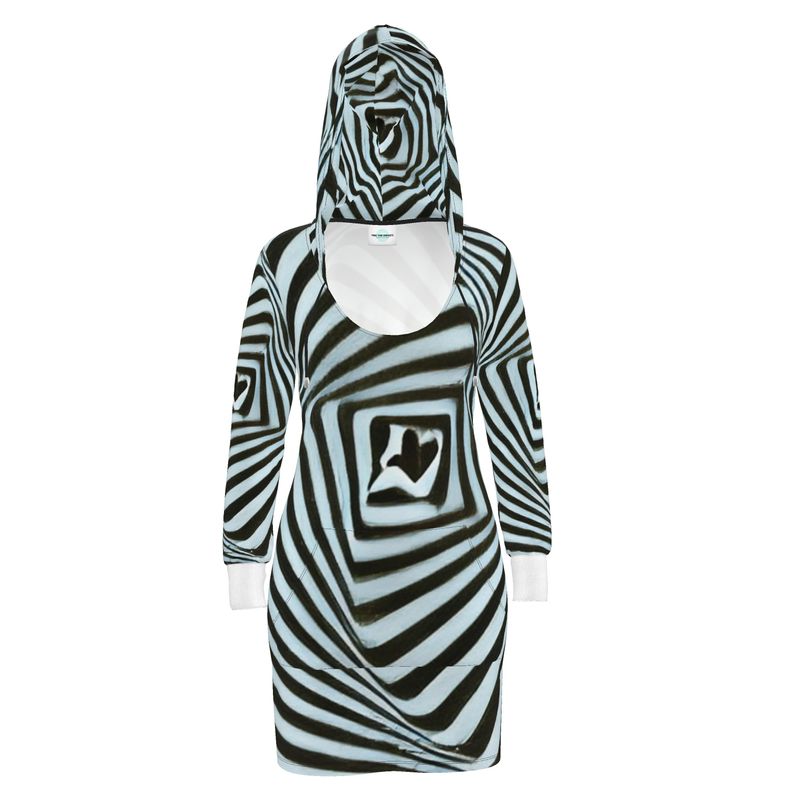 2 Caring - Black & Light Blue Stripes Kangaroo Front Pocket, Mini Dress With Long Sleeves, Hooded Dress With Drawstring, Rox Sports Or Ponte Jersey Hoodie Dress