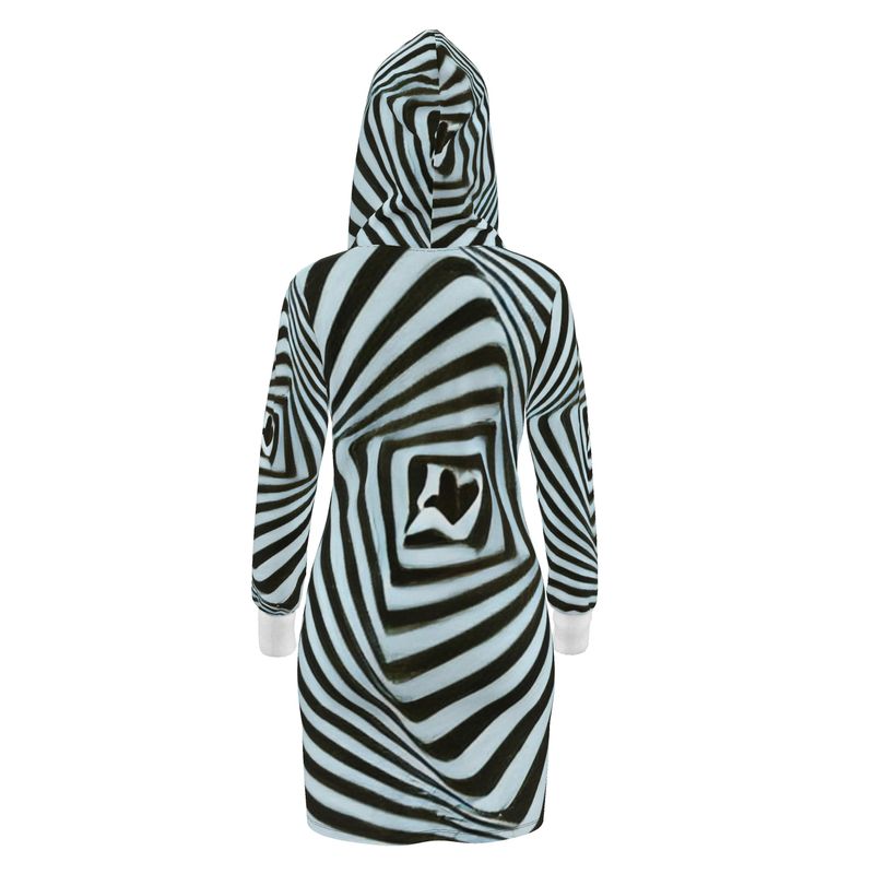 2 Caring - Black & Light Blue Stripes Kangaroo Front Pocket, Mini Dress With Long Sleeves, Hooded Dress With Drawstring, Rox Sports Or Ponte Jersey Hoodie Dress