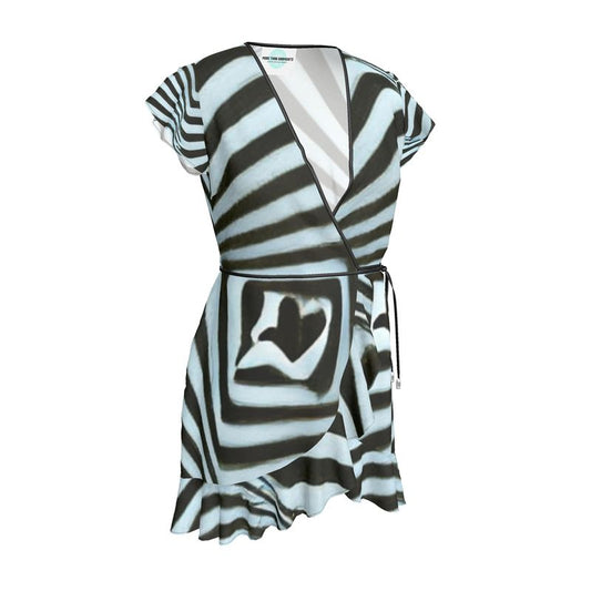 2 Caring - Black & Light Blue Stripes Flounce Hem & Armholes, Waist Tie, Wrap Design, Fashion Crepe Or Smooth Crepe Tea Dress