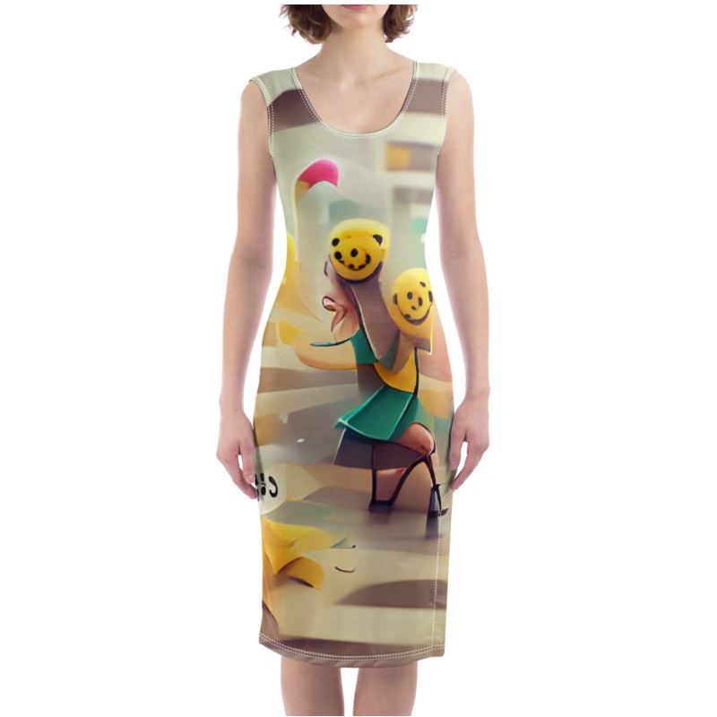 Cheerfulness - Beige & Yellow Silky, Slim Fit Split Leg Bodycon Dress