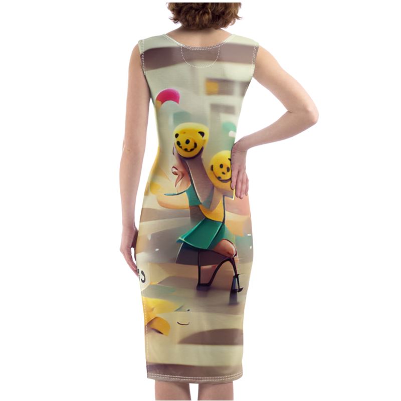 Cheerfulness - Beige & Yellow Silky, Slim Fit Split Leg Bodycon Dress