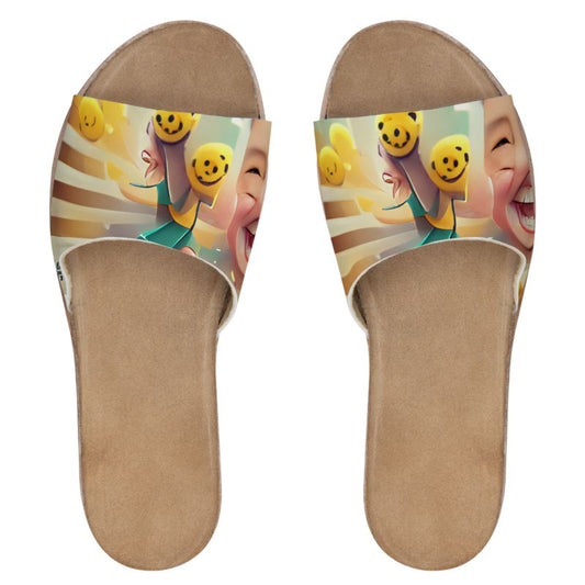 Cheerfulness - Beige & Yellow Leather Band, Cork & Rubber Sole, Leather Suedette Insole, Women's Leather Sliders