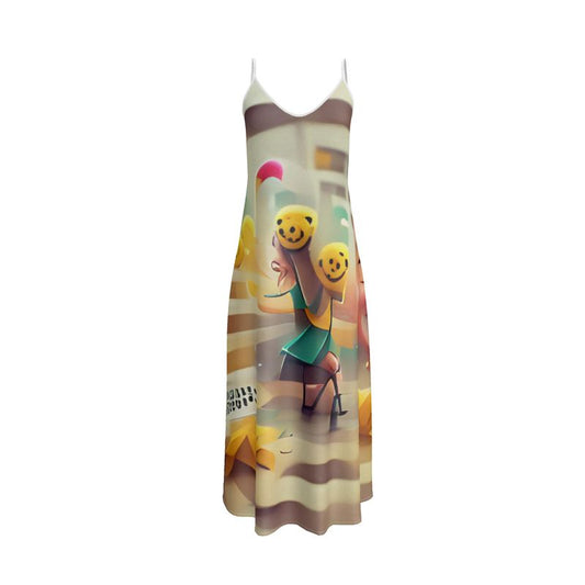 Cheerfulness - Beige & Yellow Tapered Waist, Flared Bottom Slip Dress