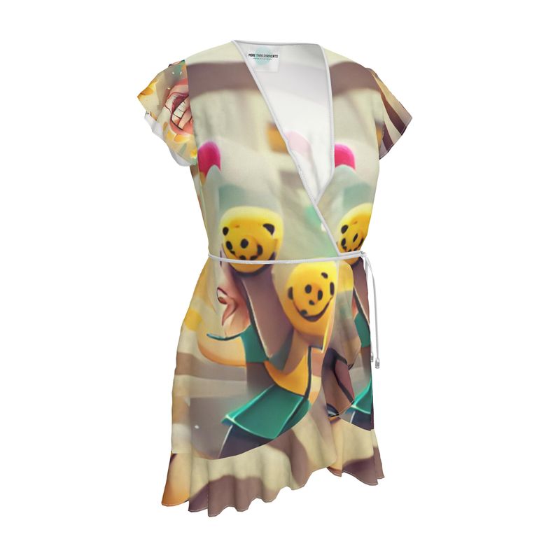 Cheerfulness - Beige & Yellow Flounce Hem & Armholes, Waist Tie, Wrap Design, Fashion Crepe Or Smooth Crepe Tea Dress