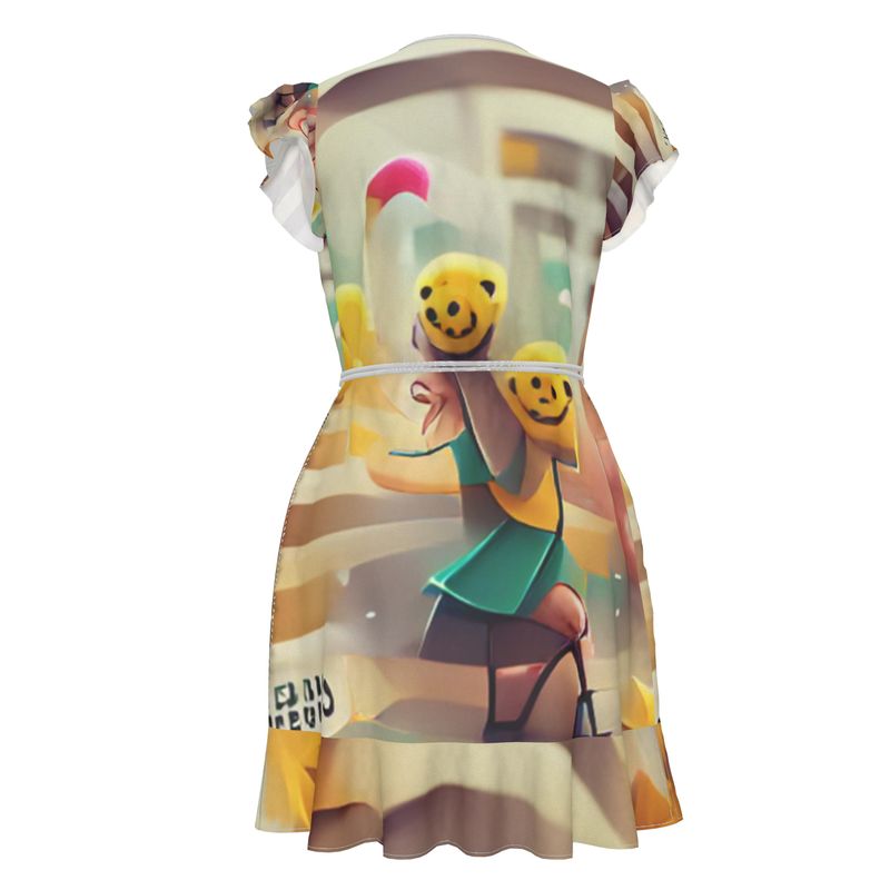 Cheerfulness - Beige & Yellow Flounce Hem & Armholes, Waist Tie, Wrap Design, Fashion Crepe Or Smooth Crepe Tea Dress