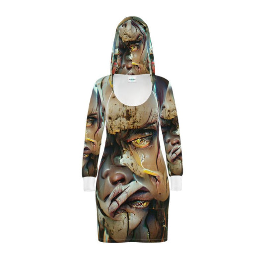 Neglect - Beige, Brown And Aqua Kangaroo Front Pocket, Mini Dress With Long Sleeves, Hooded Dress With Drawstring, Rox Sports Or Ponte Jersey Hoodie Dress