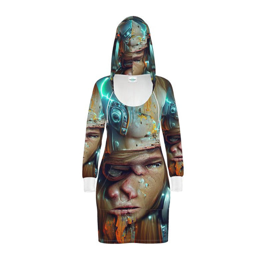 Undermined - Beige, Aqua & Red Kangaroo Front Pocket, Mini Dress With Long Sleeves, Hooded Dress With Drawstring, Rox Sports Or Ponte Jersey Hoodie Dress