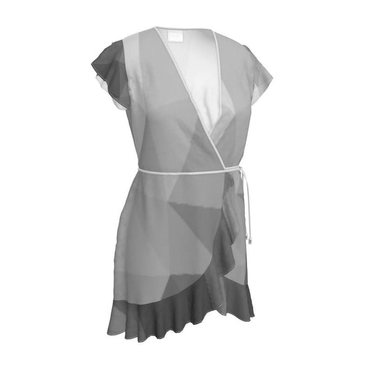 Black & White Stained Glass Window Flounce Hem & Armholes, Waist Tie, Wrap Design, Fashion Crepe Or Smooth Crepe Tea Dress