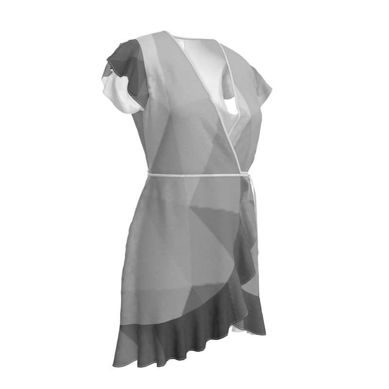 Black & White Stained Glass Window Flounce Hem & Armholes, Waist Tie, Wrap Design, Fashion Crepe Or Smooth Crepe Tea Dress