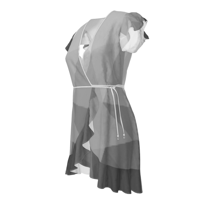 Black & White Stained Glass Window Flounce Hem & Armholes, Waist Tie, Wrap Design, Fashion Crepe Or Smooth Crepe Tea Dress