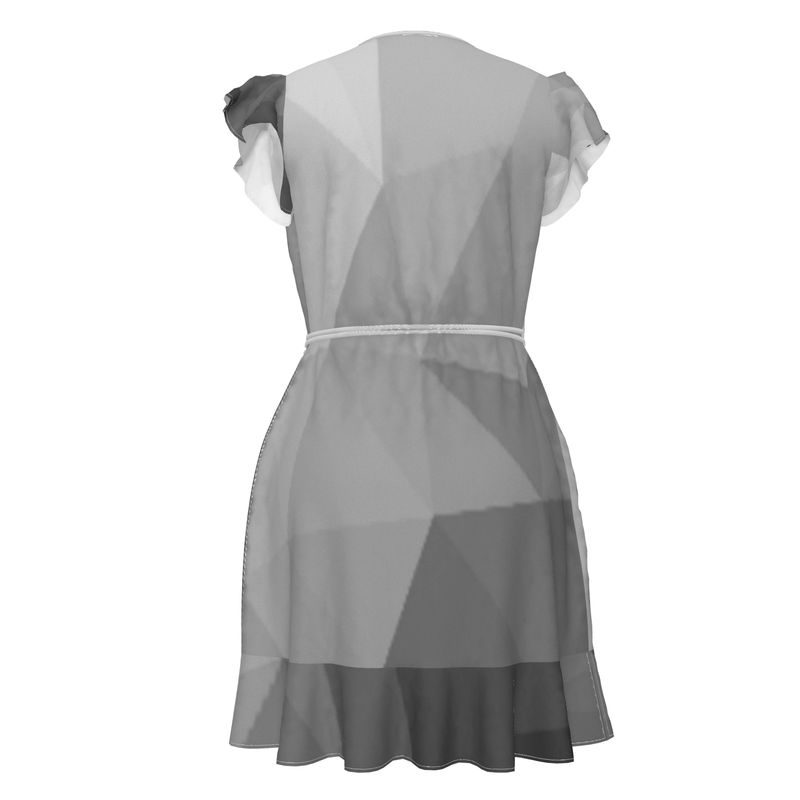 Black & White Stained Glass Window Flounce Hem & Armholes, Waist Tie, Wrap Design, Fashion Crepe Or Smooth Crepe Tea Dress