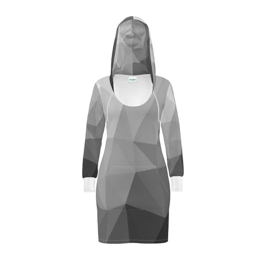 Black & White Stained Glass Window Kangaroo Front Pocket, Mini Dress With Long Sleeves, Hooded Dress With Drawstring, Rox Sports Or Ponte Jersey Hoodie Dress