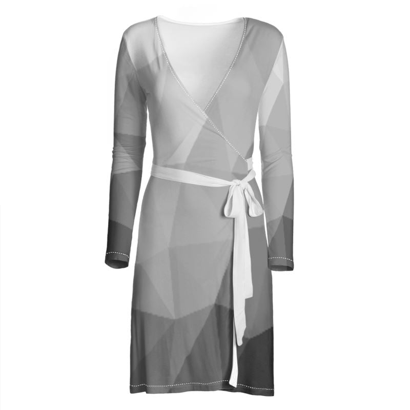 Black & White Stained Glass Window Above Knee Wraparound Dress, V-Neck Long Sleeves, Wrap Dress