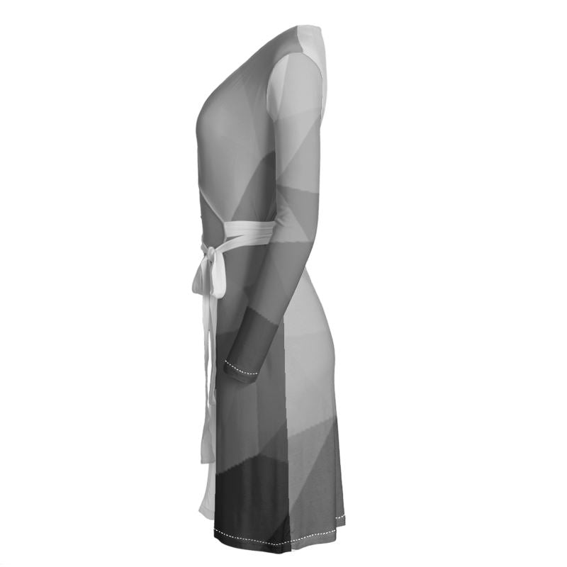 Black & White Stained Glass Window Above Knee Wraparound Dress, V-Neck Long Sleeves, Wrap Dress