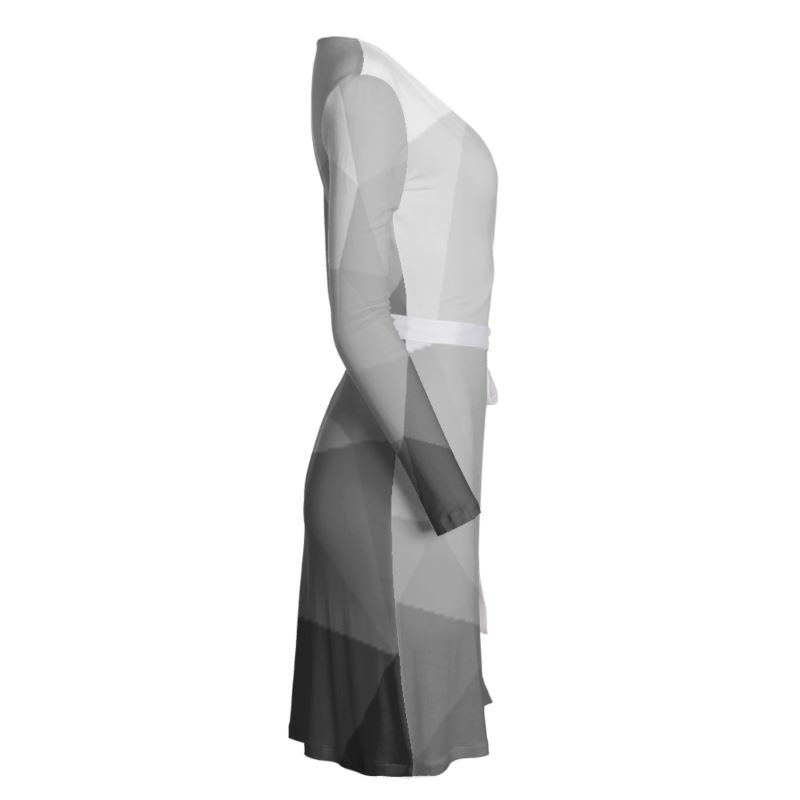 Black & White Stained Glass Window Above Knee Wraparound Dress, V-Neck Long Sleeves, Wrap Dress