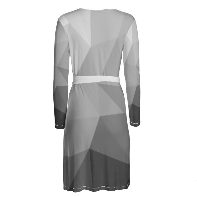 Black & White Stained Glass Window Above Knee Wraparound Dress, V-Neck Long Sleeves, Wrap Dress