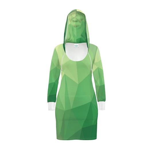 Green Glass Stain Window Kangaroo Front Pocket, Mini Dress With Long Sleeves, Hooded Dress With Drawstring, Rox Sports Or Ponte Jersey Hoodie Dress