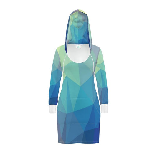 Blue & Green Glass Stained Window Kangaroo Front Pocket, Mini Dress With Long Sleeves, Hooded Dress With Drawstring, Rox Sports Or Ponte Jersey Hoodie Dress