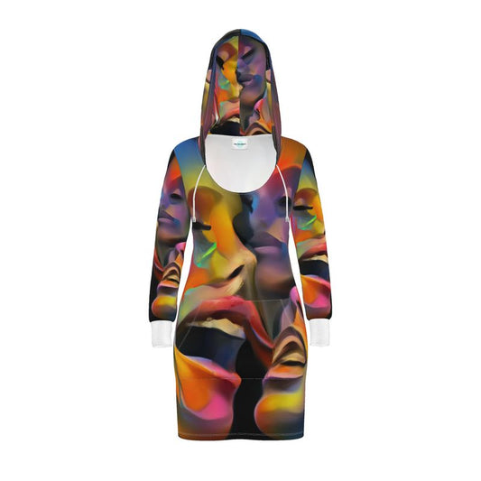 Pleasure Remix 1 - Red, Pink & Yellow Kangaroo Front Pocket, Mini Dress With Long Sleeves, Hooded Dress With Drawstring, Rox Sports Or Ponte Jersey Hoodie Dress